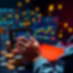 A person analyzing cryptocurrency charts on a tablet while surrounded by financial symbols and coins, symbolizing investment strategies.