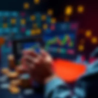 A person analyzing cryptocurrency charts on a tablet while surrounded by financial symbols and coins, symbolizing investment strategies.