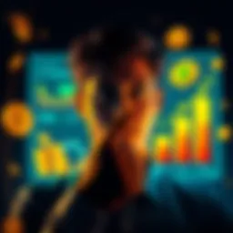 A person looking at a chart showing financial growth with savings and investments symbols around them.