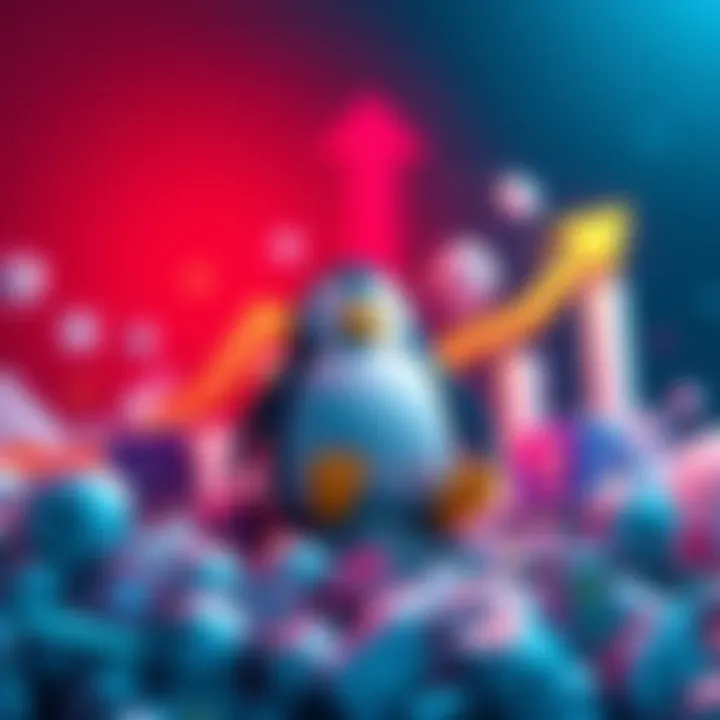 A bright upward trend graph with a penguin character symbolizing $PENGU amidst icons representing memecoins and NFTs