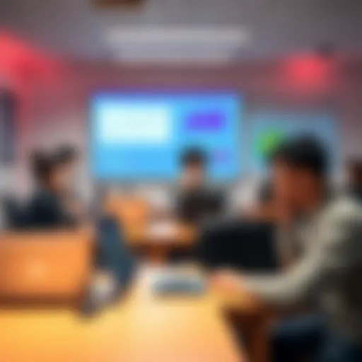 A group of people in a classroom setting learning about blockchain and DeFi with laptops and charts