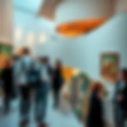 A bustling scene at the Guggenheim Museum with art enthusiasts gathered for the auction, examining artworks and chatting.