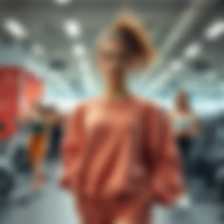 A newbie gym-goer looks uncertain in oversized clothes while stylish gym-goers work out around her.