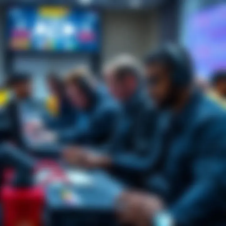 A group of diverse individuals focused on coding and collaborating at a hackathon, with a scoreboard showing AI credits competition