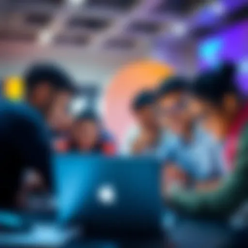 A group of diverse individuals collaborating on a laptop during a hackathon in Bangalore, showing teamwork and creativity.
