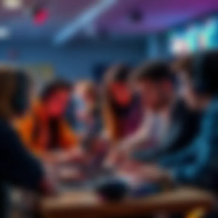 A group of people working together at a hackathon, brainstorming ideas and coding on laptops