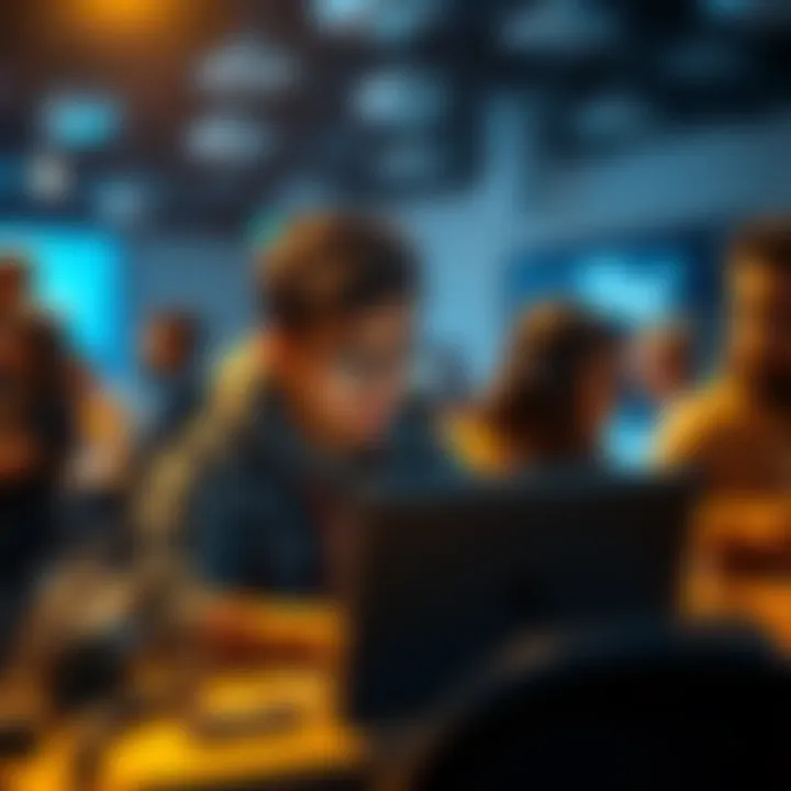 Hackathon participant looking frustrated A participant at a hackathon feeling disheartened while looking at a laptop, surrounded by teammates discussing their project