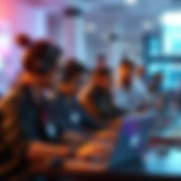 A diverse group of people collaborating on laptops at a hackathon event focused on healthcare automation.