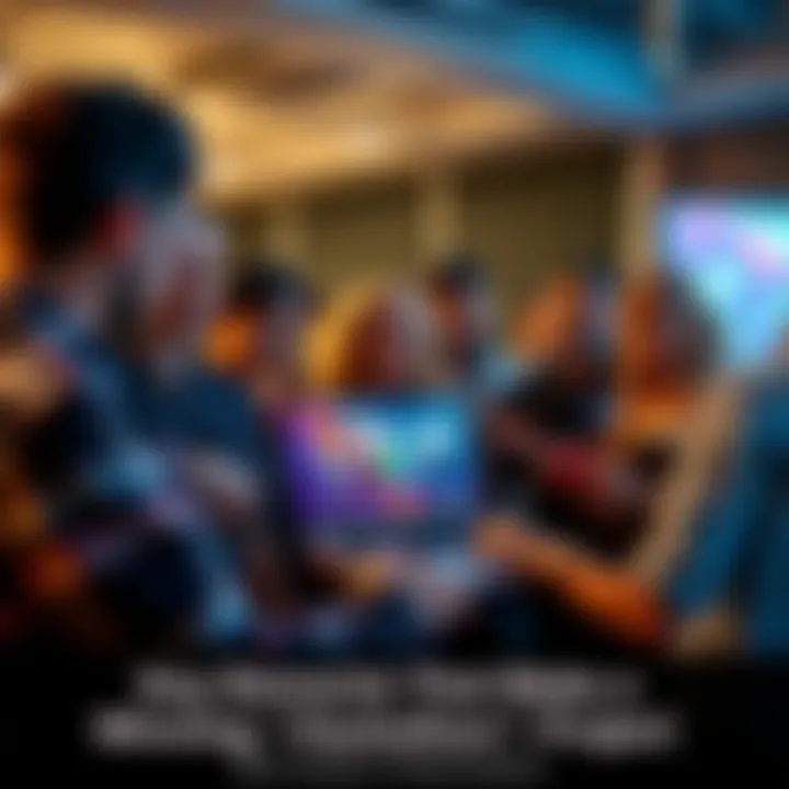 A diverse group of people showcasing their hackathon project to judges, featuring a laptop with a colorful user interface and engaging visuals.