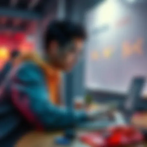 A student focused on coding at a hackathon, with a laptop and brainstorming ideas on a whiteboard.