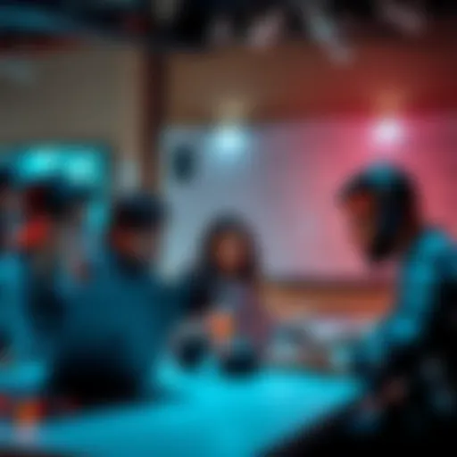 A diverse group of people working together at a hackathon, focused on their laptops, with notes and brainstorming ideas on a whiteboard.