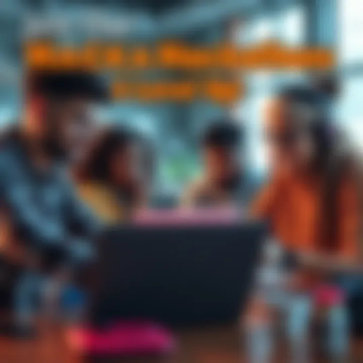 Join Our Hackathon Team A diverse group of students collaborating on laptops, working on coding projects for hackathons.