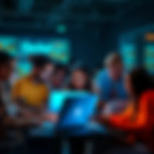 A diverse group of people working together on laptops at a hackathon, brainstorming ideas and coding solutions.