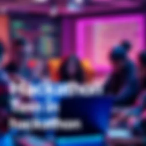 A group of diverse people collaborating on laptops during a hackathon, showcasing teamwork and innovation, with coding and design elements in the background.