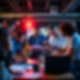 Hackathon Team Working Together A group of diverse individuals collaborating on a project during a hackathon, brainstorming and coding with laptops and notes around them.