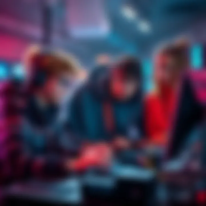 A group of IT students collaborating on a computer during a hackathon, discussing ideas and coding together.
