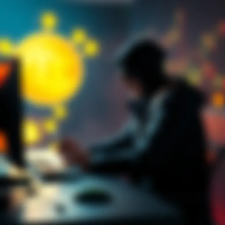 A hacker sitting at a computer with Bitcoin symbols and a shadowy figure representing Epstein in the background