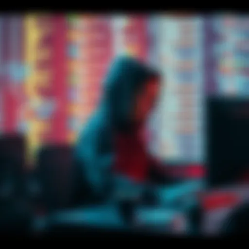 A person wearing a hoodie sitting at a computer, surrounded by code on the screen, looking focused on their work.