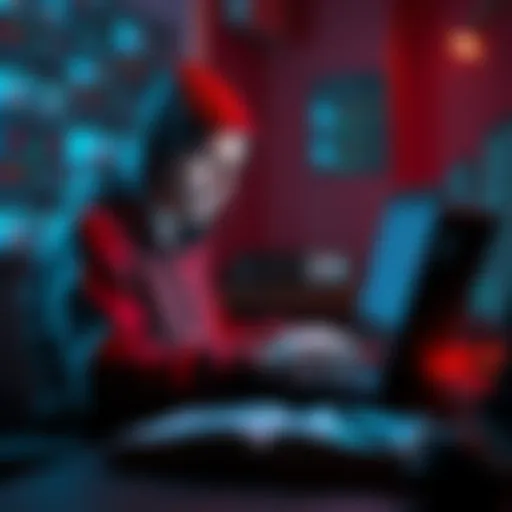 A hacker sitting at a desk with a laptop, looking concerned as messages about his location pop up on the screen.