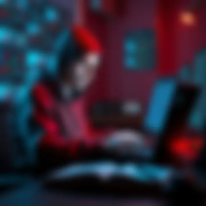 A hacker sitting at a desk with a laptop, looking concerned as messages about his location pop up on the screen.
