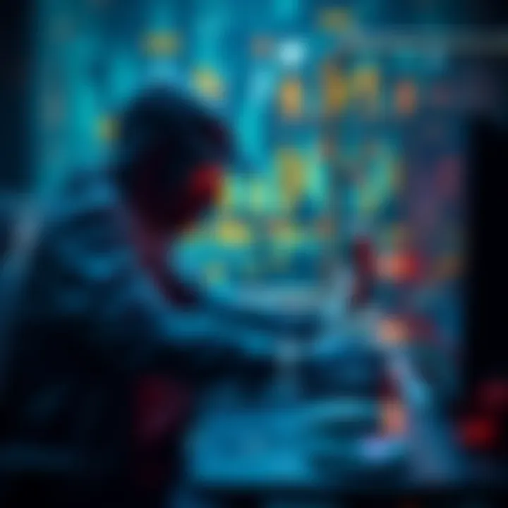 A hacker manipulating digital currency on a computer, representing the $80 million in fake stablecoins and Ethereum conversion