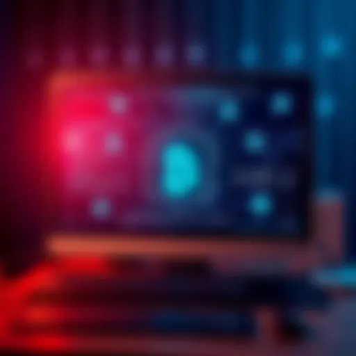 A digital illustration showing hackers using public blockchains to hide malware, depicting a darkened computer screen with blockchain symbols and malware icons.