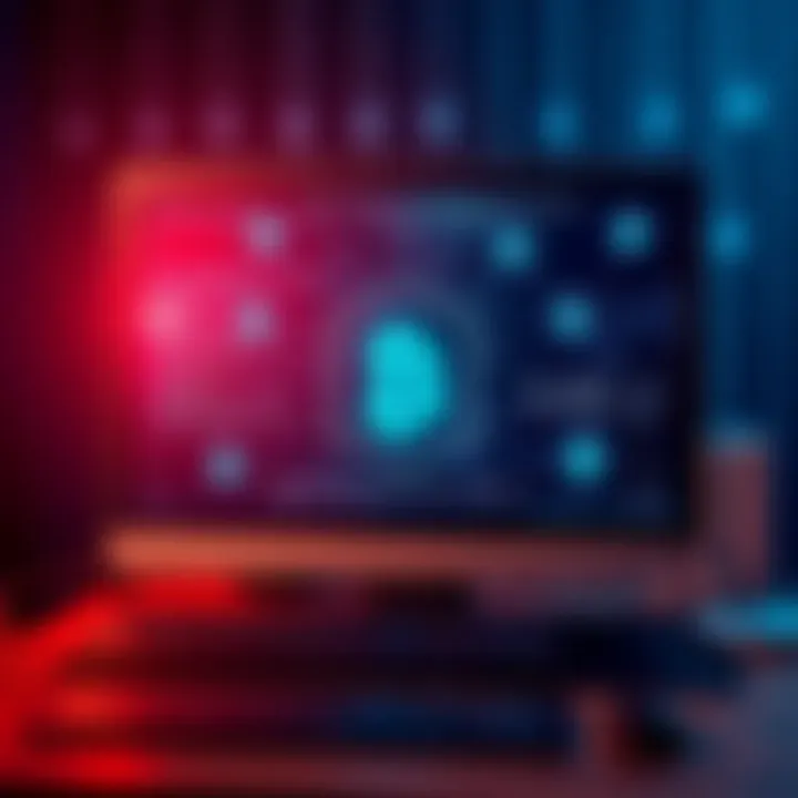 A digital illustration showing hackers using public blockchains to hide malware, depicting a darkened computer screen with blockchain symbols and malware icons.