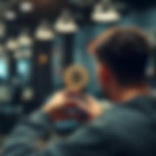 A person using a smartphone to pay for a haircut with Bitcoin at a barbershop