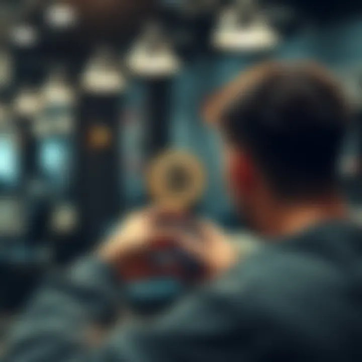 A person using a smartphone to pay for a haircut with Bitcoin at a barbershop