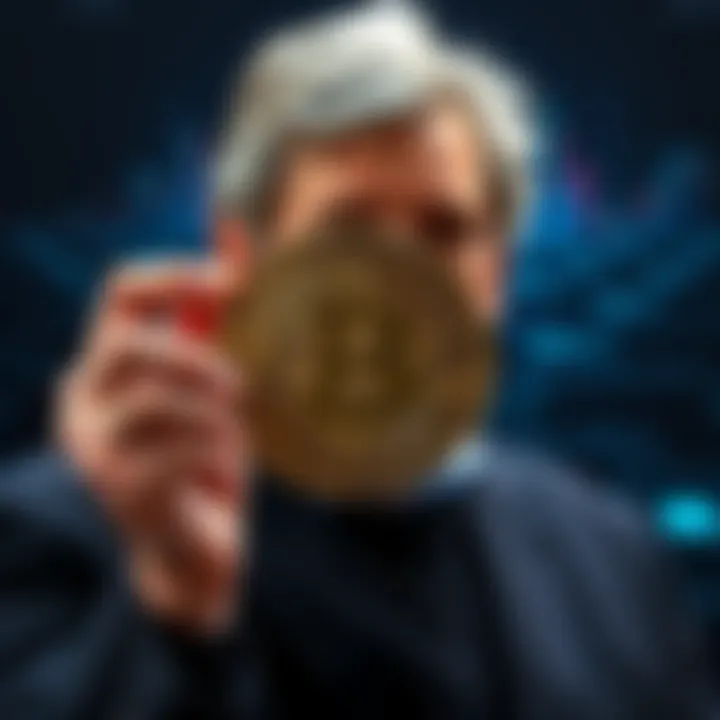 Hal Finney, the first Bitcoin recipient, holding a Bitcoin symbol, symbolizing innovation and technology.