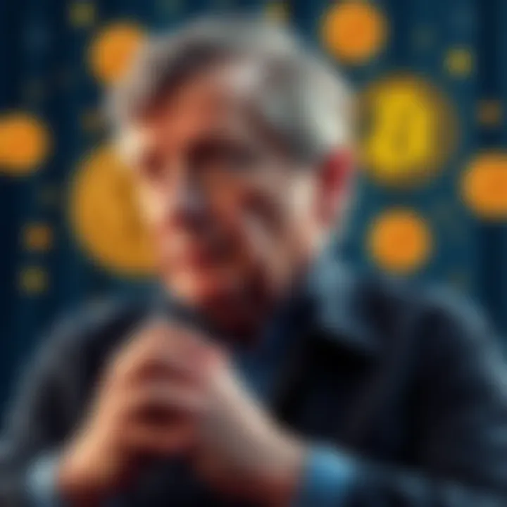 A thoughtful man reflecting on Bitcoin and its future, surrounded by digital currency symbols.