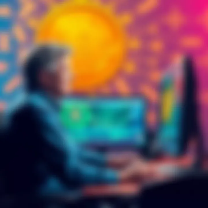 Hal Finney sitting at a computer screen showing the Bitcoin logo, discussing early Bitcoin mining and transactions, with a backdrop of cryptocurrency symbols