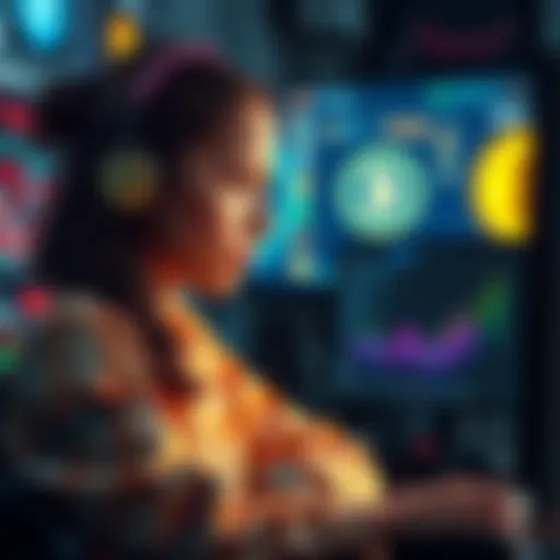 Haliey Welch, known as the Hawk Tuah girl, looking pensive about her lost investment in a meme coin, with a computer and cryptocurrency graphics in the background