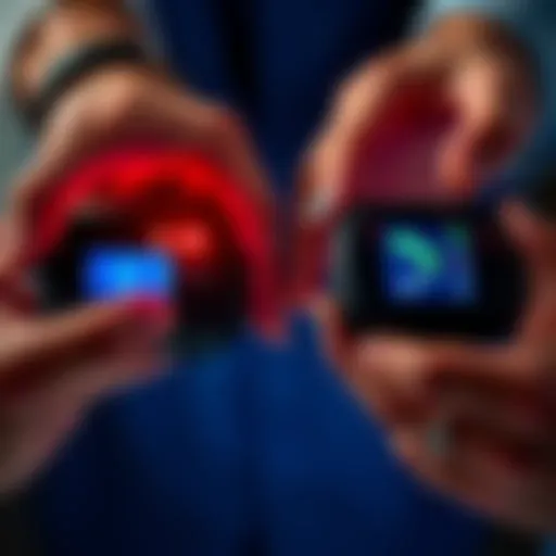 Close-up of hands comparing two devices, Safe 3 and Safe 5, highlighting differences in buttons and screen size, focusing on accessibility for those with chronic pain.