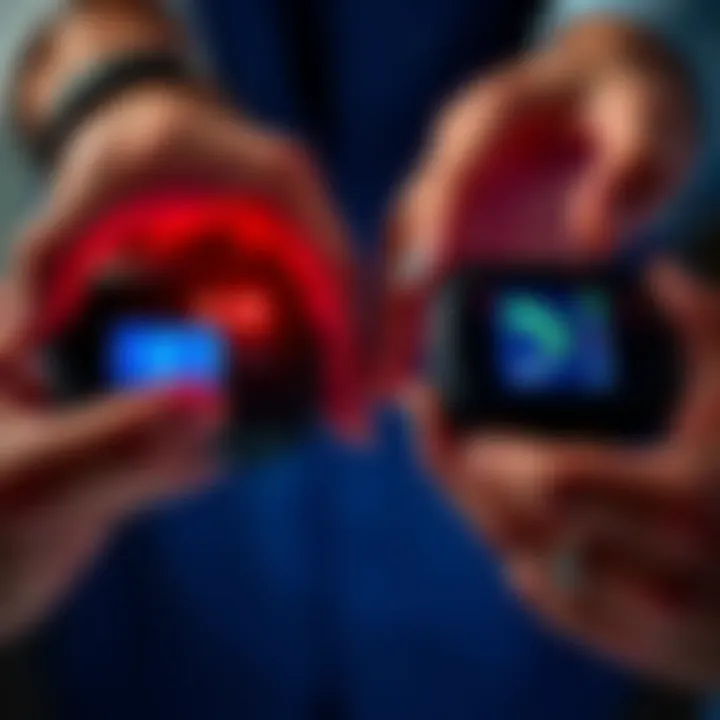 Close-up of hands comparing two devices, Safe 3 and Safe 5, highlighting differences in buttons and screen size, focusing on accessibility for those with chronic pain.