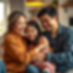A joyful family embracing their adopted child, showing love and connection in a warm home setting.