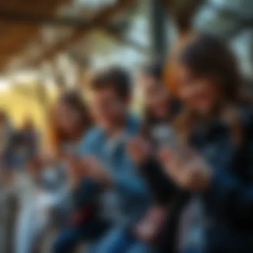 Group of friends happily using the Revolut app on their smartphones outdoors