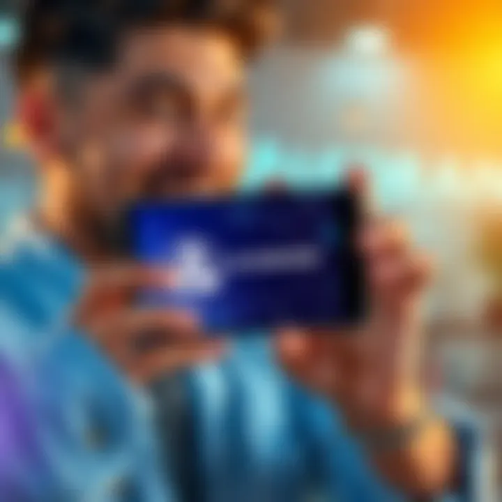 A happy individual holding a smartphone with the Algorand logo on the screen, surrounded by digital graphics representing blockchain technology and cryptocurrency.