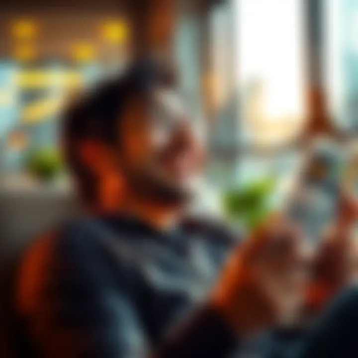 A relaxed person smiling while looking at their finances, symbolizing happiness after investing in Bitcoin.