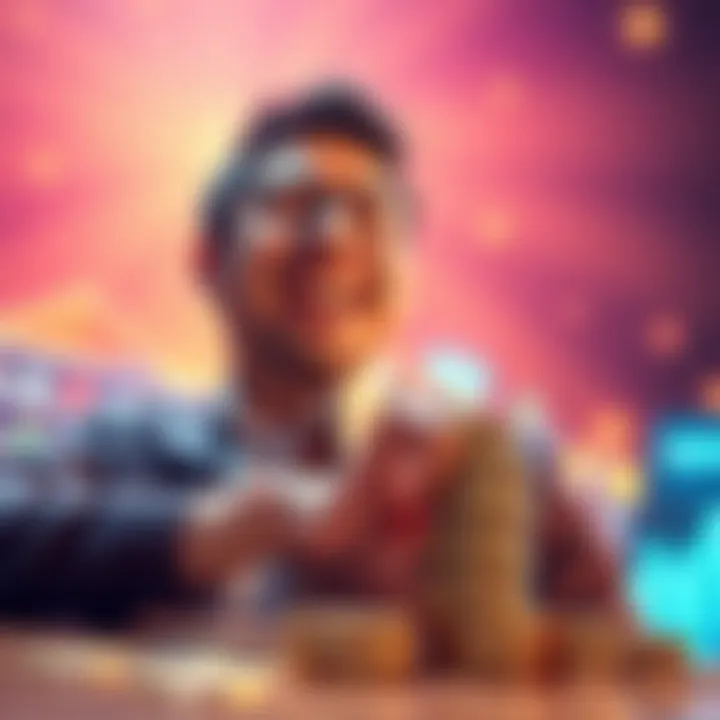 Happy person stacking digital coins A person joyfully stacking virtual coins representing cryptocurrency, with a bright background indicating excitement and positive sentiment.