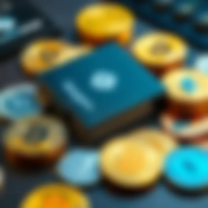 A Tangem hardware wallet placed on a table next to various cryptocurrencies like Bitcoin and Ethereum coins.