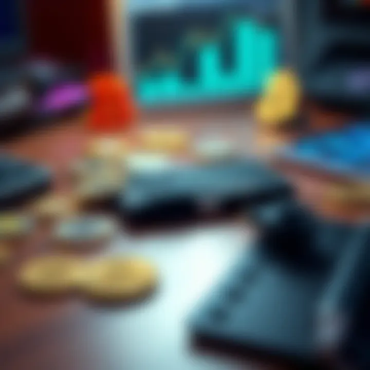 A Ledger Nano hardware wallet placed on a wooden desk surrounded by cryptocurrency symbols, showcasing security for digital assets.