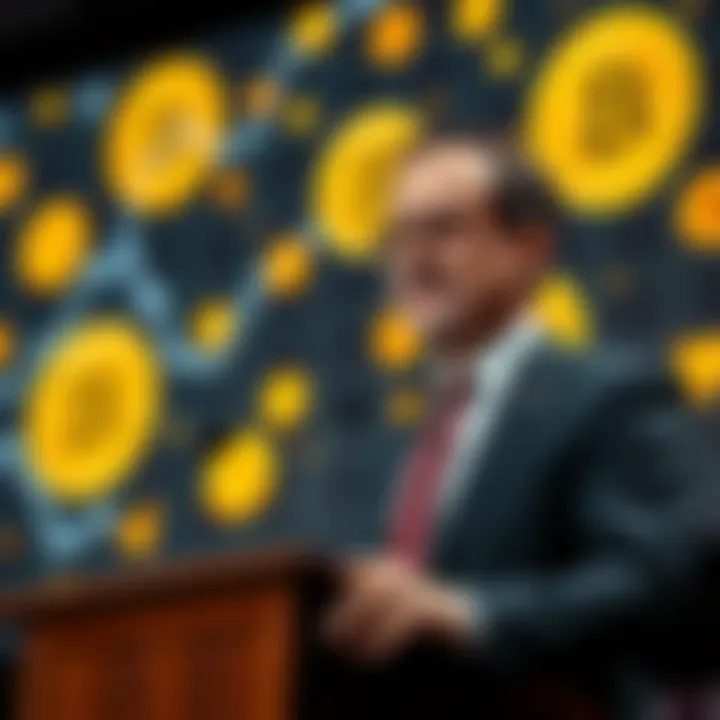 A Harvard economist speaking at a podium with Bitcoin graphics in the background, illustrating his shift in opinion on cryptocurrency.