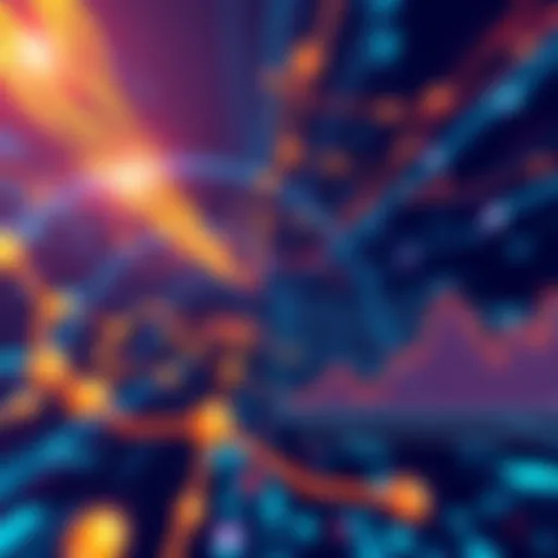 Illustration of a digital network showing Hashsphere transactions being monitored, with a graph indicating declining mainnet transaction rates.