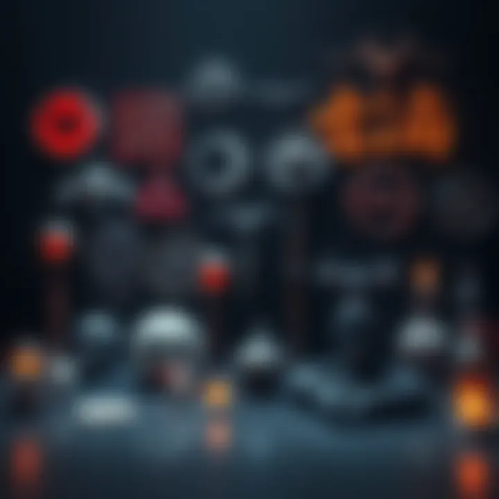 A collection of haunting symbols from various cultures displayed in an artistic arrangement, reflecting societal fears and beliefs.