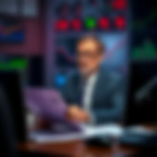 Arthur Hayes at a desk looking concerned while reviewing financial charts and reports after selling his investments.