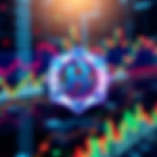 Graphic representation of HBAR logo with fluctuating cryptocurrency charts in the background