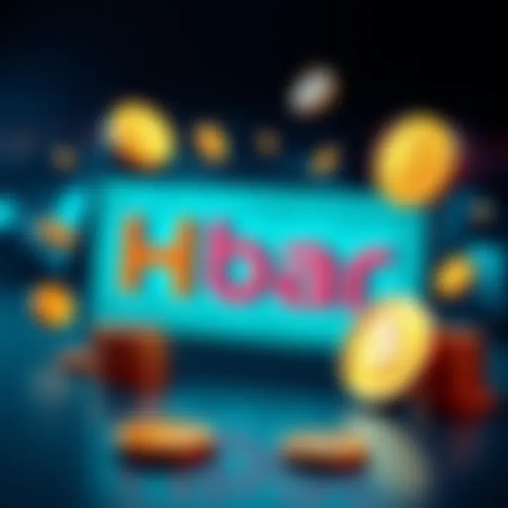 Hbar Logo with Payment Symbols Illustration showing Hbar logo alongside symbols for instant payments like coins and dollar signs