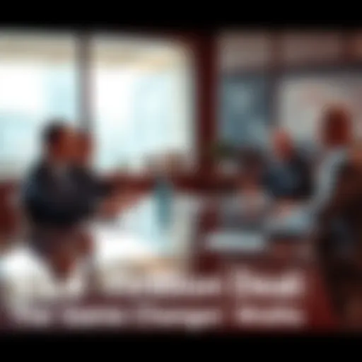 A business meeting showcasing HBAR executives discussing the $5.4 trillion deal with charts and digital finance elements present.