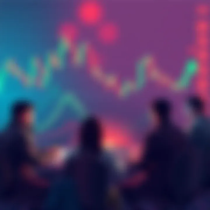 A group of people discussing whether to sell or hold HBAR cryptocurrency with charts and graphs around them.